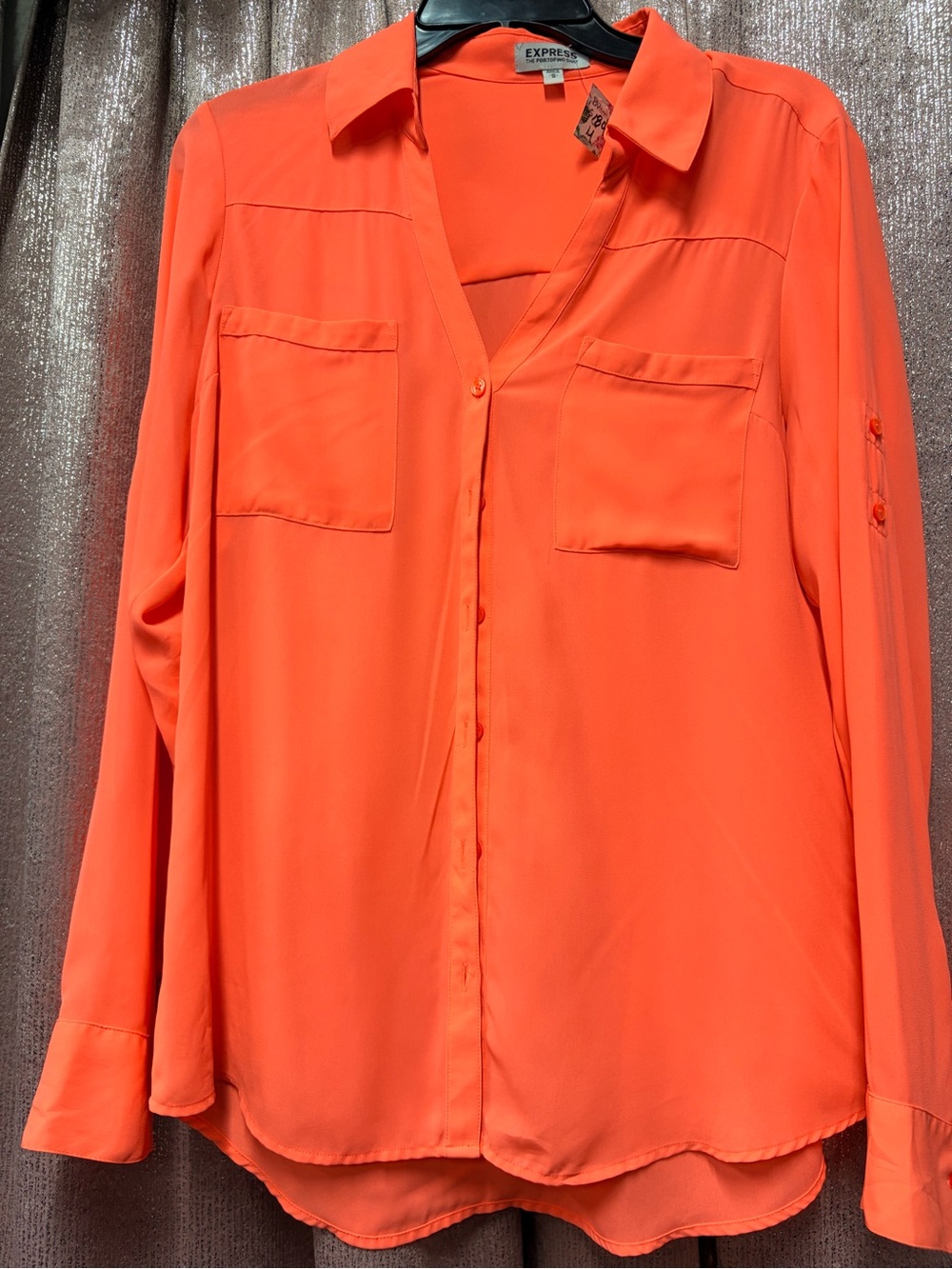 Express Coral Button-Down Blouse with Chest Pockets